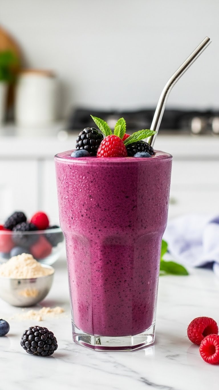 Vibrant purple berry protein smoothie in clear glass with fresh berries and mint sprig on marble countertop