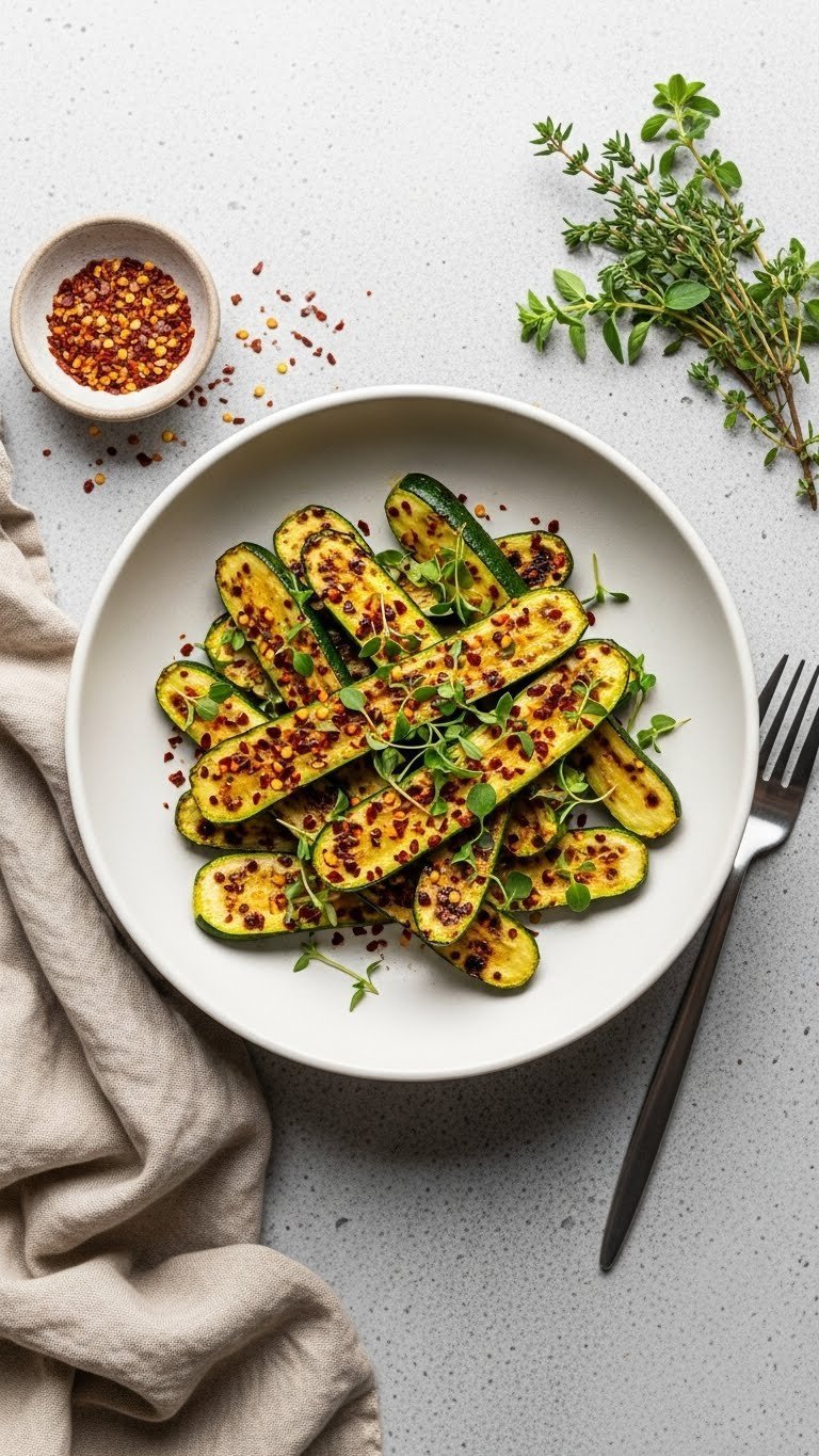 Vibrant roasted spicy air fryer zucchini spears in minimalist white bowl with red pepper flakes and fresh herbs.
