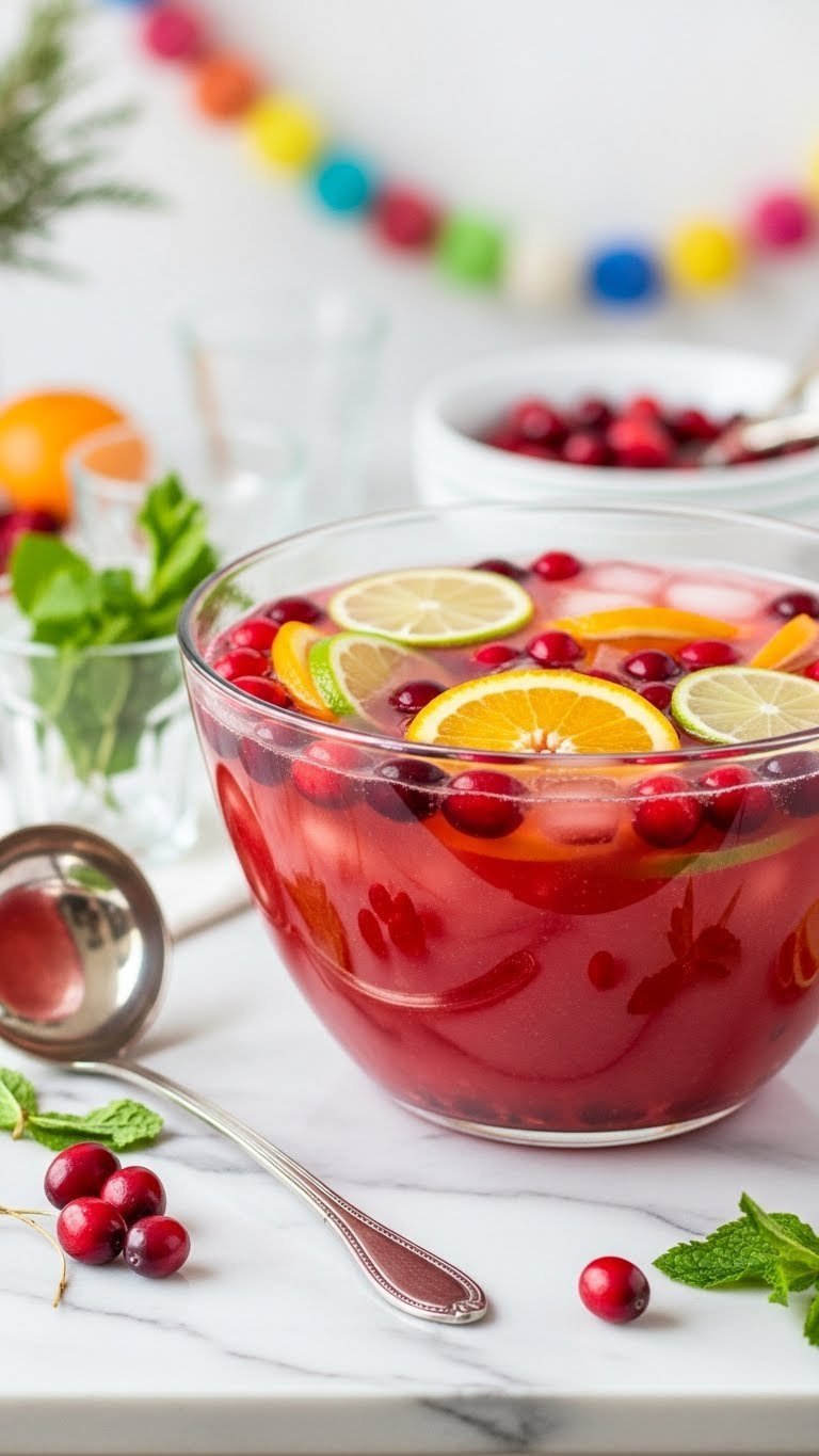 Vibrant sparkling cranberry citrus punch in glass bowl with orange slices, lime wheels, and cranberries floating on white marble countertop