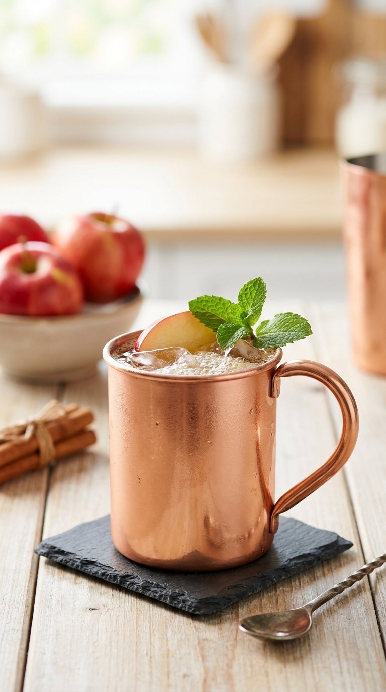 Vibrant spiced apple cider Moscow mule in gleaming copper mug with apple slice garnish on dark slate coaster