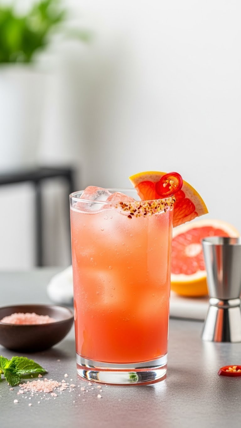 Vibrant spicy Paloma cocktail with grapefruit wedge and ice cubes in tall glass on concrete surface