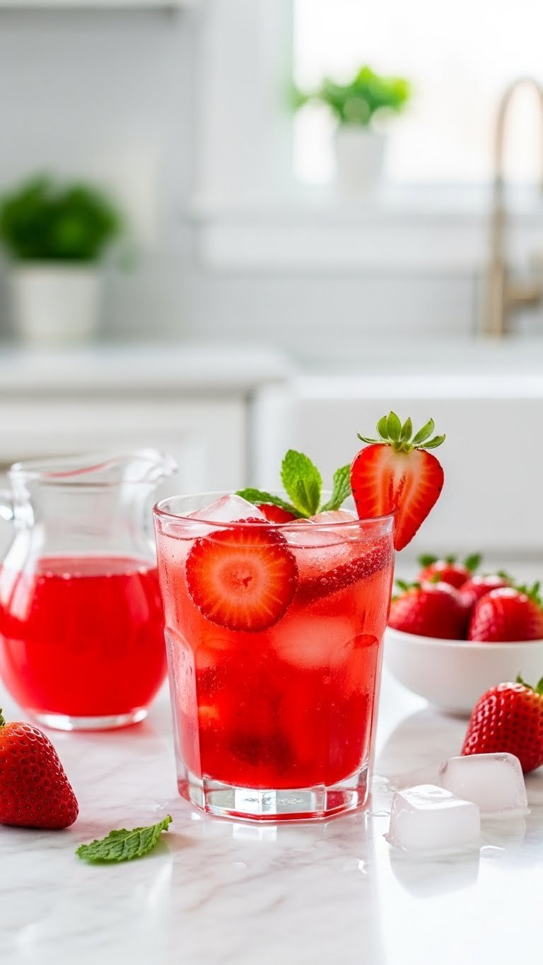 Vibrant strawberry Sprite mocktail with fresh strawberry slices and mint sprig in glass on marble countertop with soft bokeh background