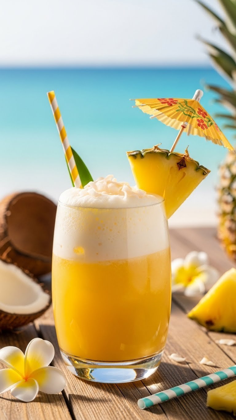 Vibrant tropical pineapple coconut lemonade with frothy coconut cream layer and pineapple garnish in clear glass.