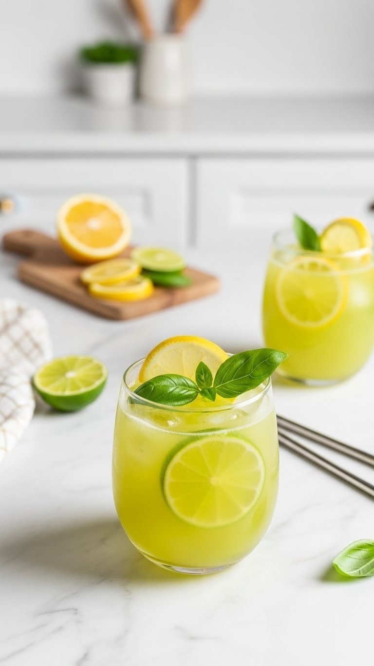 Vibrant yellow-green energy drink in sleek glass with lemon, lime slices, and basil leaf on marble countertop