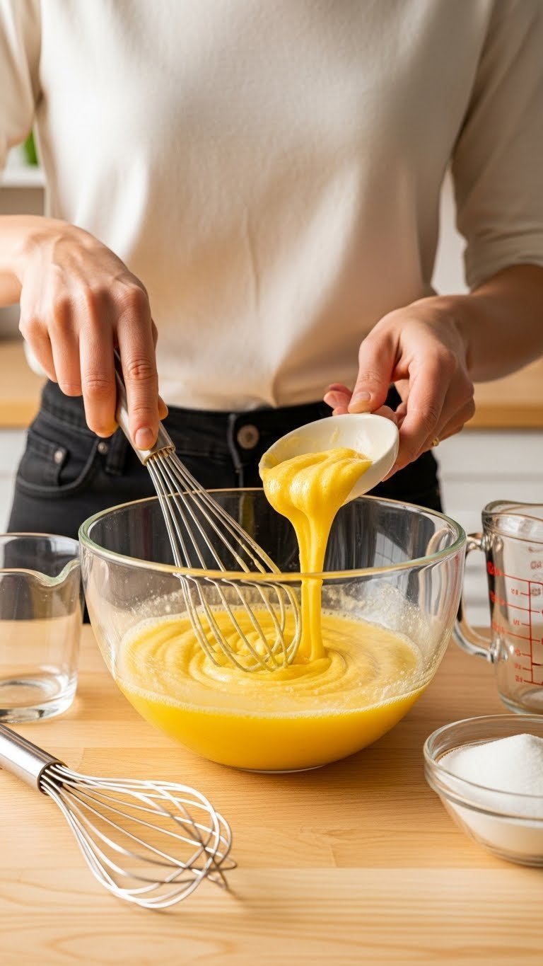 Perfect Blueberry Zucchini Bread: Easy, Moist, Crumb Topped 5 Vibrant yellow mixture of eggs, oil, and sugar being whisked in mixing bowl with golden hour lighting.