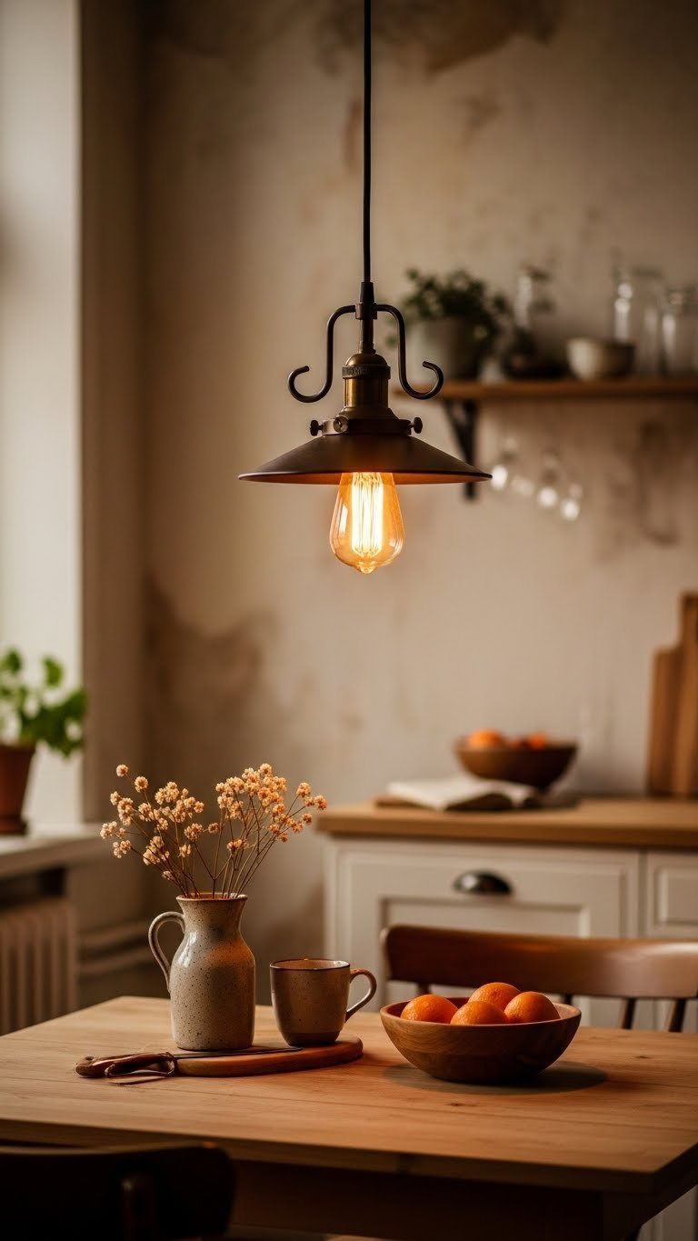 Vintage-inspired pendant light fixture with Edison bulb casting warm glow over rustic kitchen dining nook
