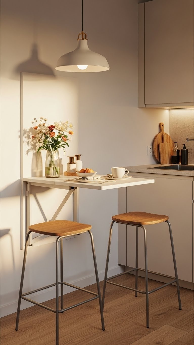 Wall-mounted breakfast bar with compact stools creating dining area in small kitchen