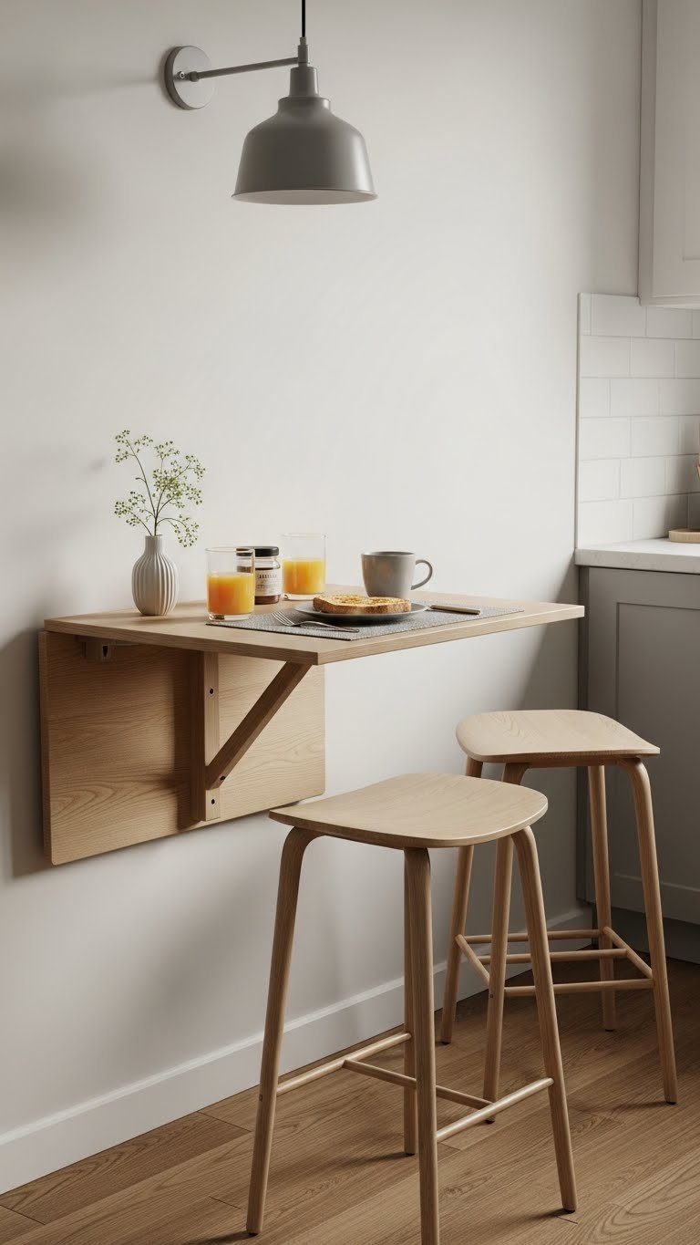 Wall-mounted fold-down breakfast table with bar stools showcasing space-saving apartment kitchen dining solution