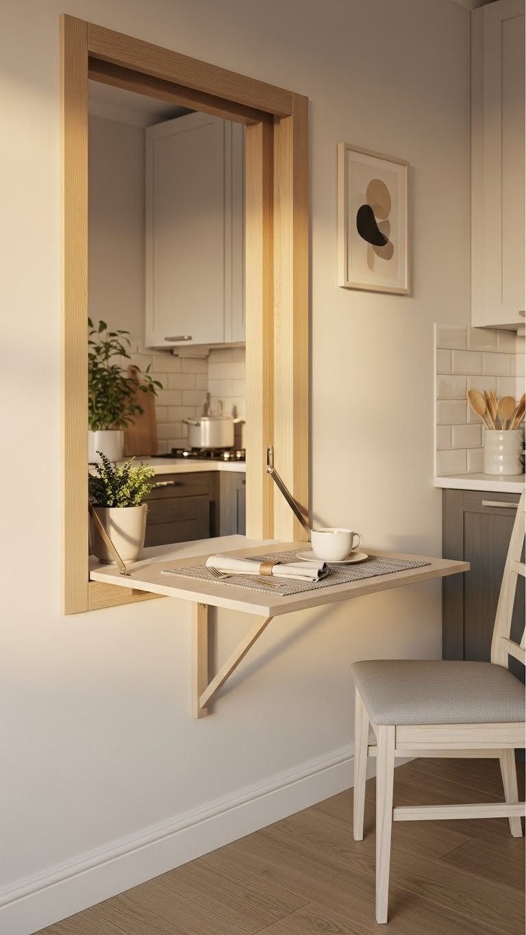 Wall-mounted fold-down table extended with placemat and coffee cup creating small space dining nook