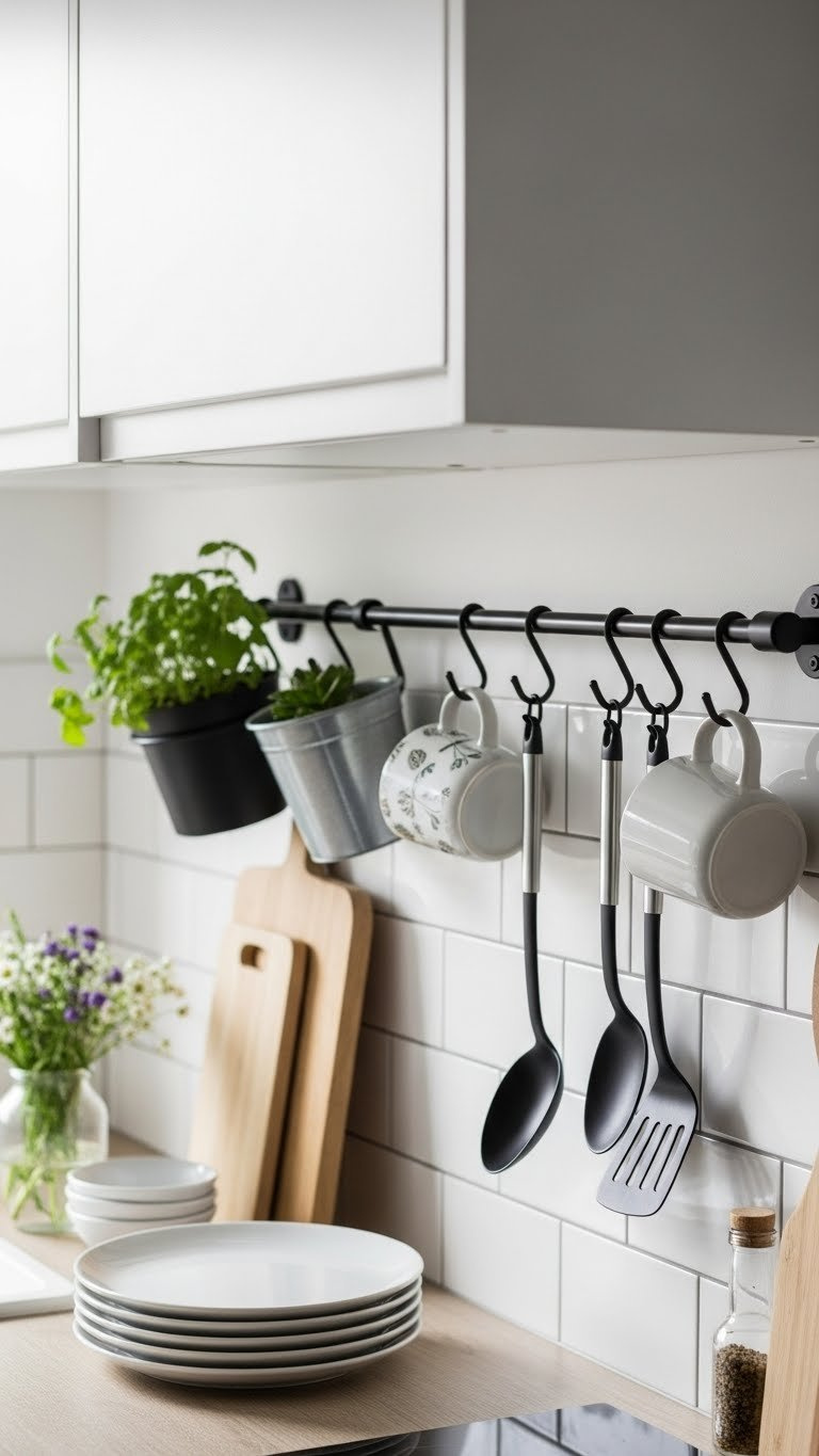 Wall-mounted kitchen rail system with neatly arranged utensils and mugs above metro tile splashback