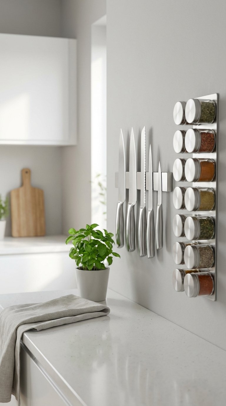 Wall-mounted magnetic knife strip and spice rack creating organized storage on kitchen backsplash
