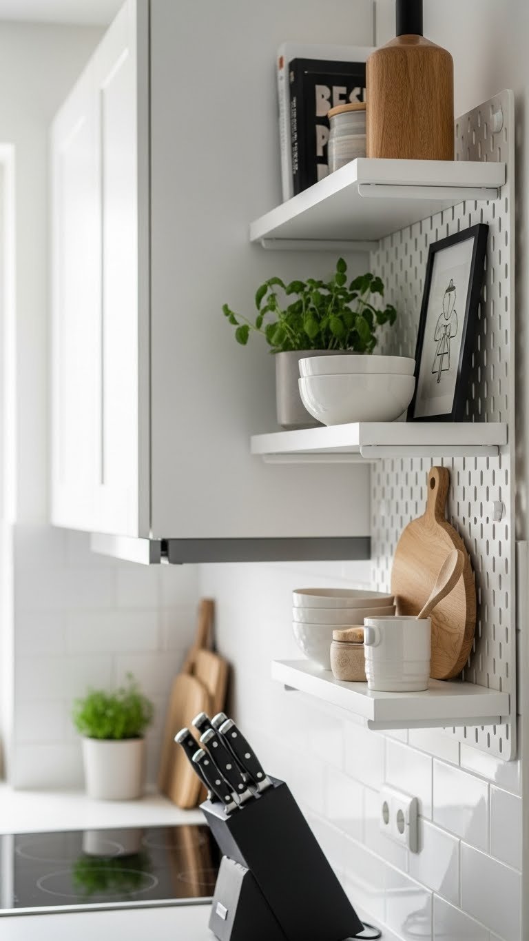 9 Genius Minimalist Apartment Kitchen Ideas: Small Space Hacks 3 Wall-mounted shelving unit in minimalist kitchen showcasing vertical space organization with white ceramic bowls and herb plant