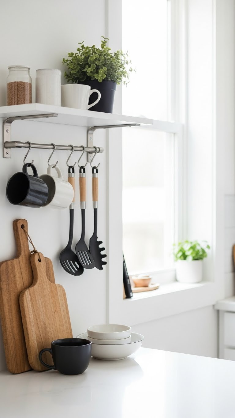 Wall-mounted storage system with pegboard holding utensils, mugs, and small plant maximizing kitchen space