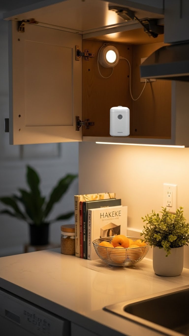 Warm LED strip lighting under cabinets casting glow on countertop with battery puck light for apartment kitchen illumination