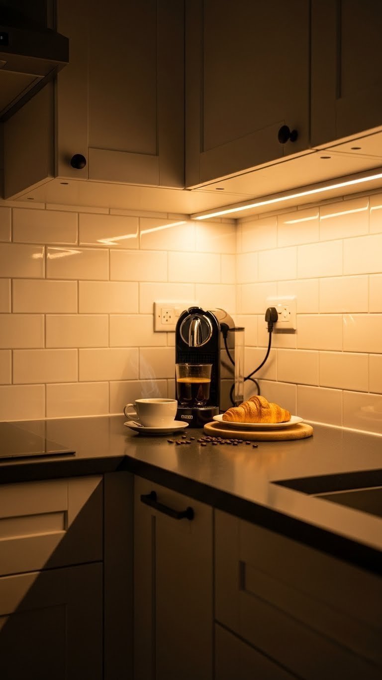 Warm LED under-cabinet lighting illuminating dark quartz countertop and white tile backsplash in cozy kitchen atmosphere