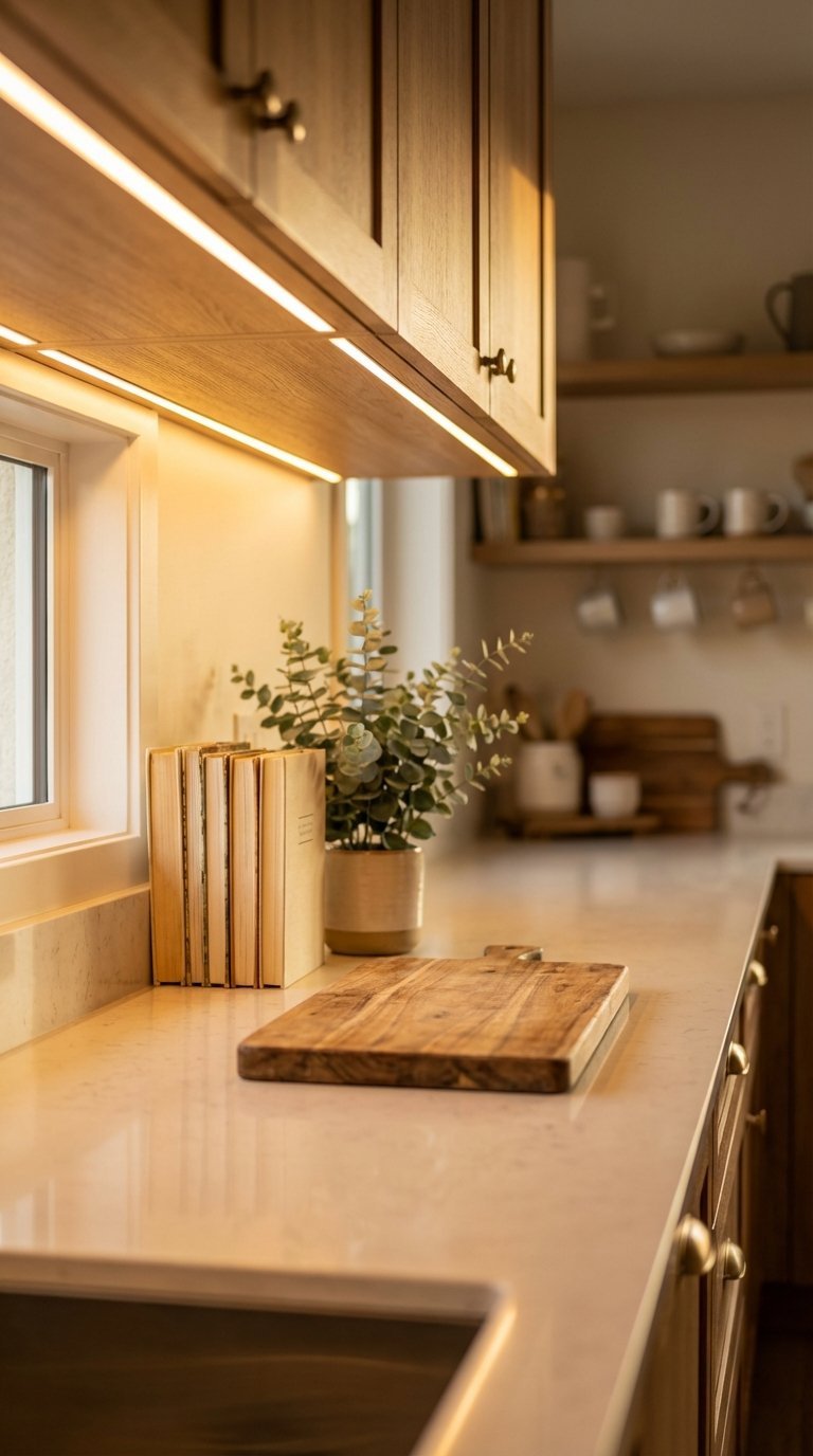 Warm LED under-cabinet lighting illuminating organized kitchen countertop with cutting board and cookbooks