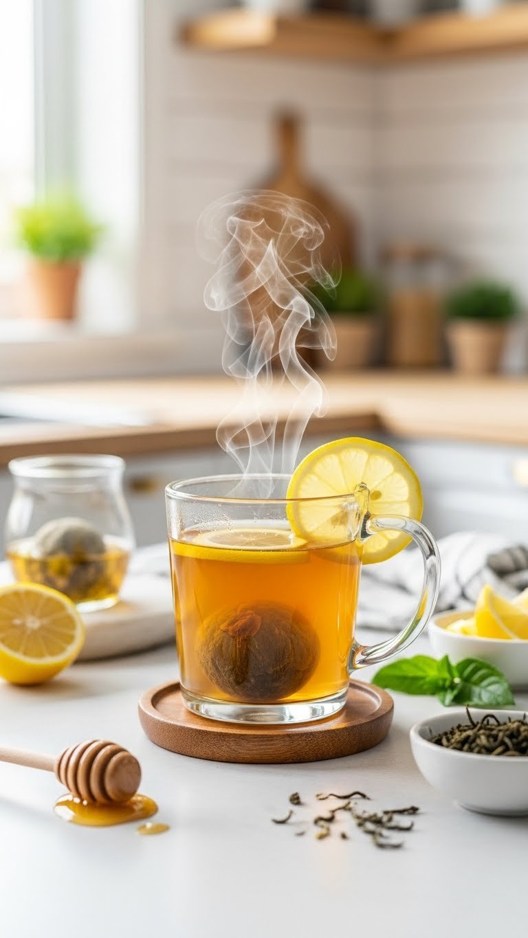 Warm Medicine Ball Tea with lemon slice steaming in glass mug on wooden coaster with honey dipper and tea leaves
