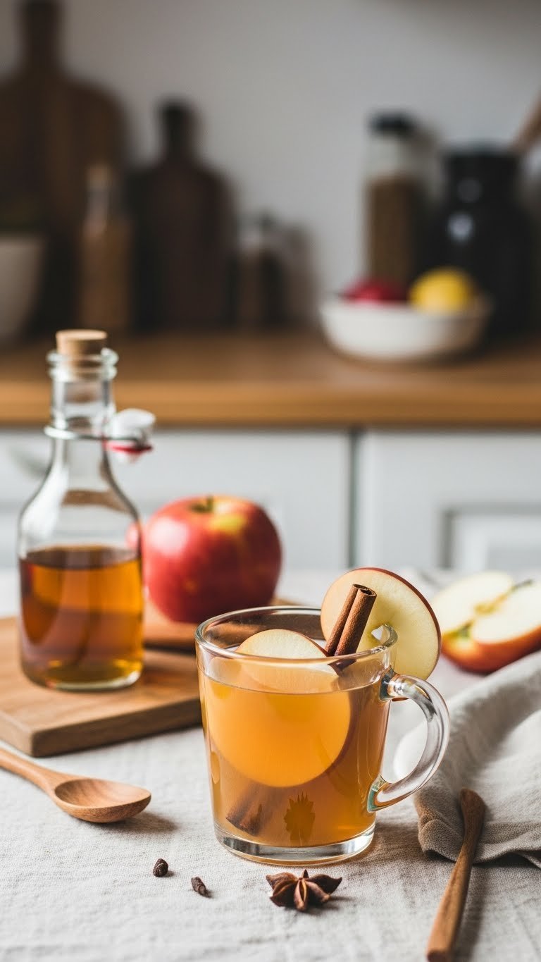 Warm apple cider vinegar tonic in rustic mug garnished with cinnamon stick and apple slice on linen tablecloth