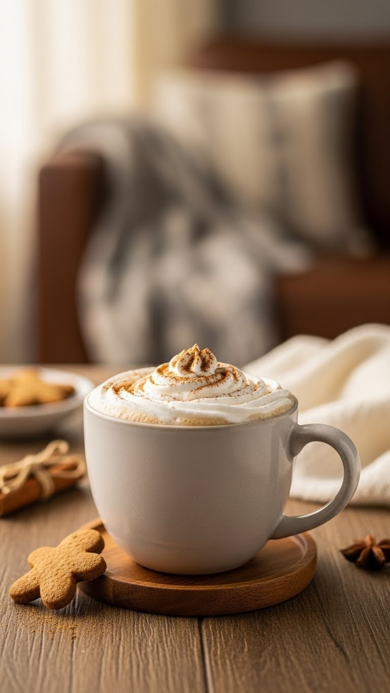 Warm frothy gingerbread latte in ceramic mug with whipped cream and cinnamon on rustic wooden table