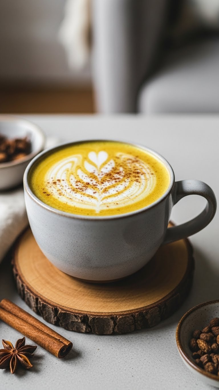 Warm golden turmeric latte in ceramic mug with frothed milk swirl and cinnamon dusting on rustic wooden coaster