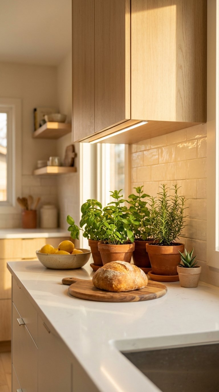 Warm kitchen counter with LED strip lighting under cabinets casting golden glow on herb garden