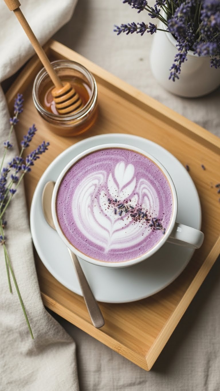Warm lavender honey latte in ceramic mug topped with frothed milk and dried lavender buds on light wooden tray.