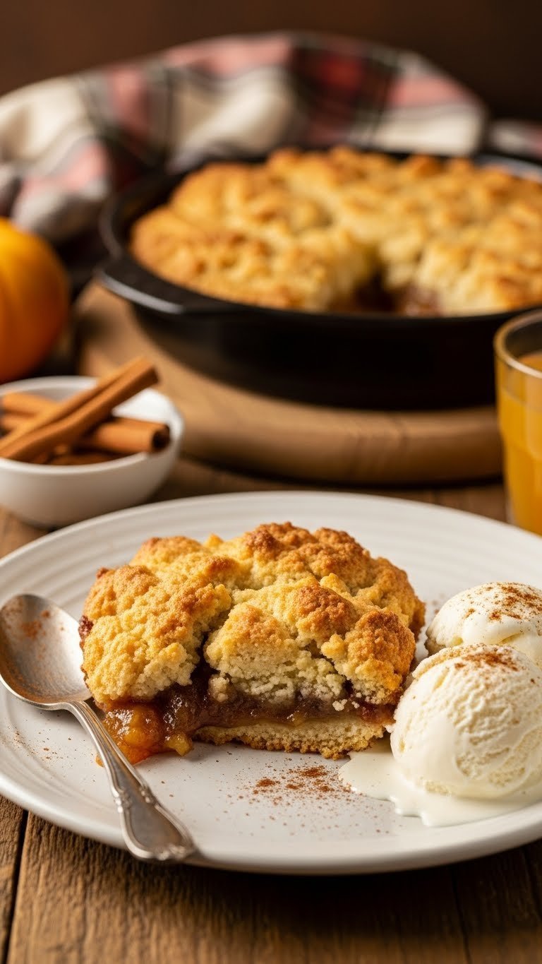 Warm low carb zucchini cobbler with biscuit topping and keto vanilla ice cream on rustic wooden table