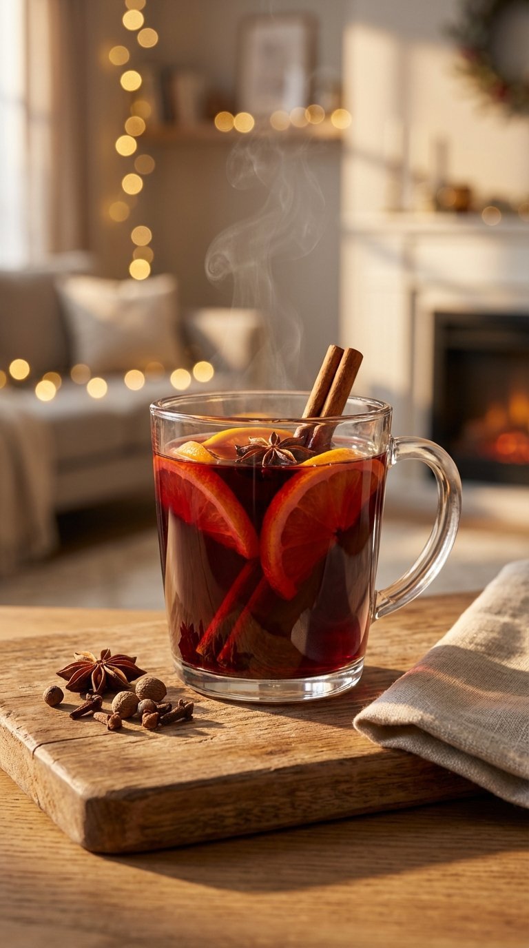 Warm mulled wine in glass mug with cinnamon sticks and orange slices floating in deep red liquid