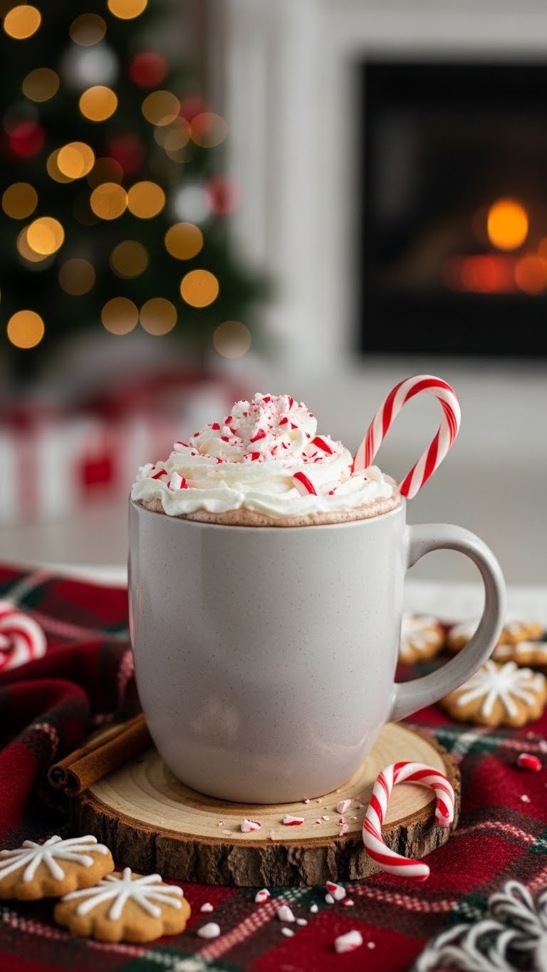 Warm peppermint hot chocolate in ceramic mug topped with whipped cream and crushed candy canes