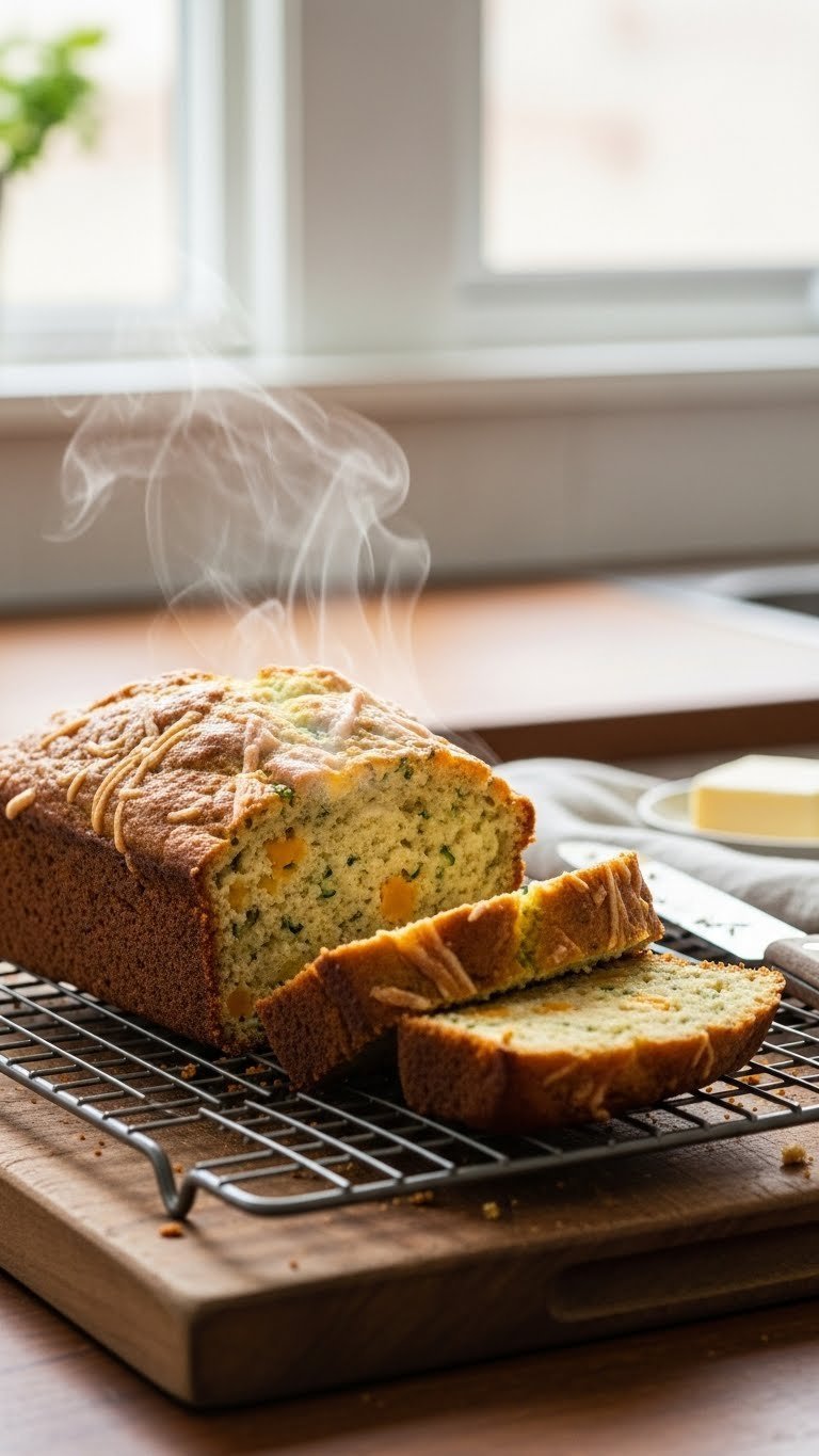 Warm savory zucchini bread slices showing moist texture with visible cheddar cheese and chives