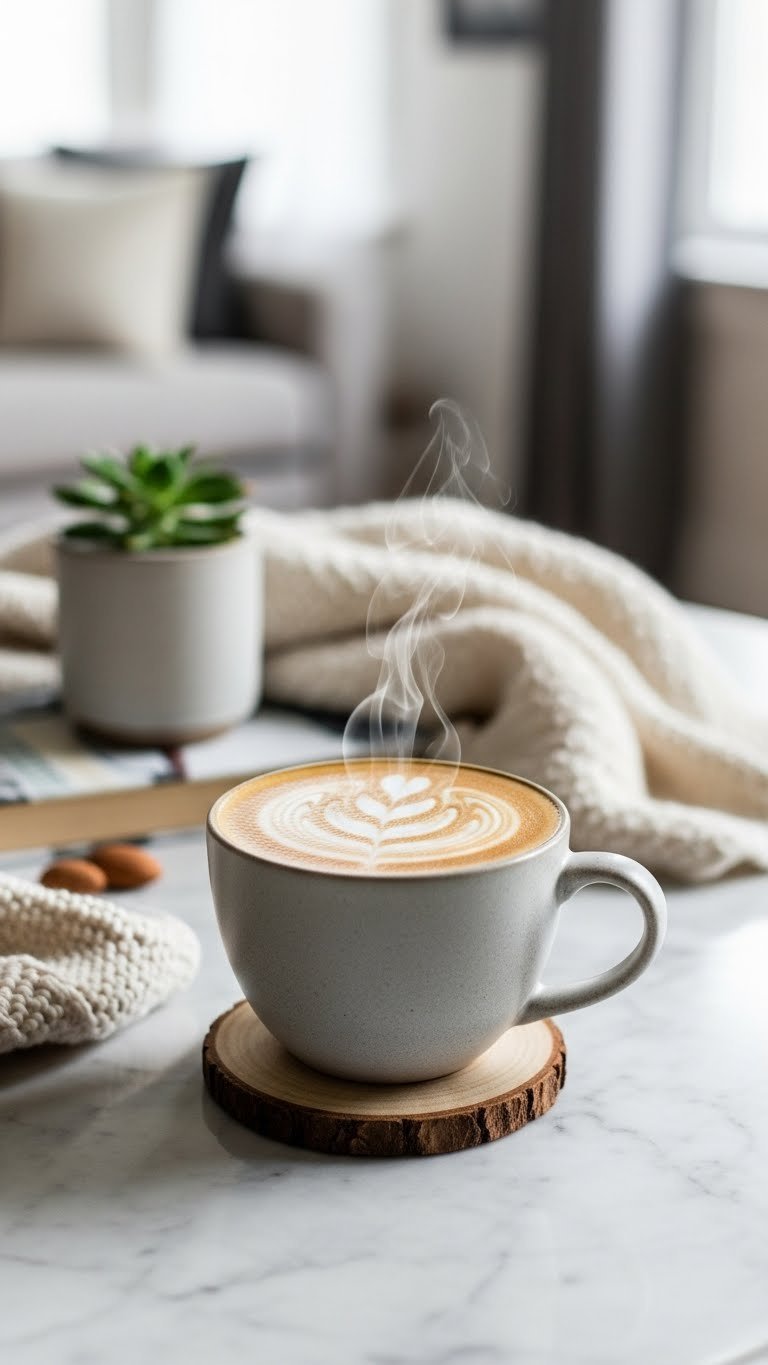 Warm toasted almond latte with latte art in ceramic mug on marble countertop with cozy decor