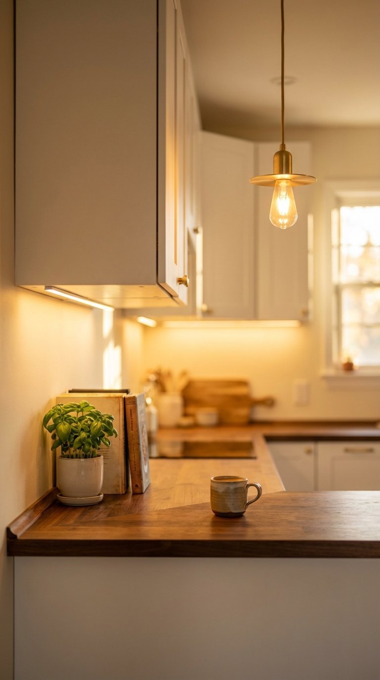Warm under-cabinet LED lighting and minimalist pendant light creating cozy atmosphere in apartment kitchen