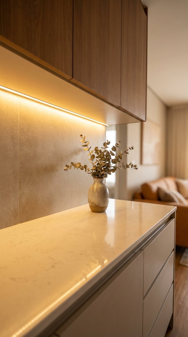 Warm under-cabinet LED lighting illuminating a small kitchen countertop with elegant glow that visually expands the compact space.