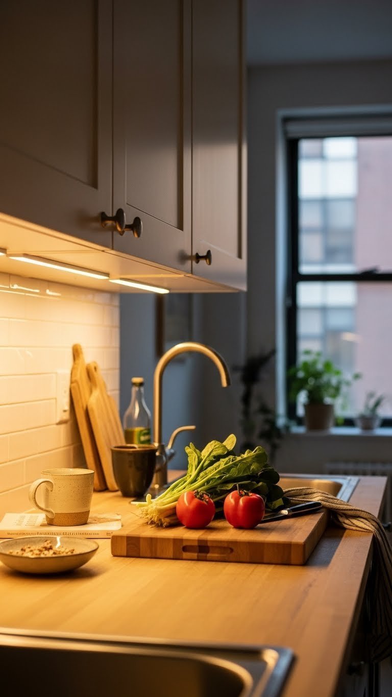 Warm under-cabinet LED lighting illuminating butcher block countertop in tiny NYC apartment kitchen