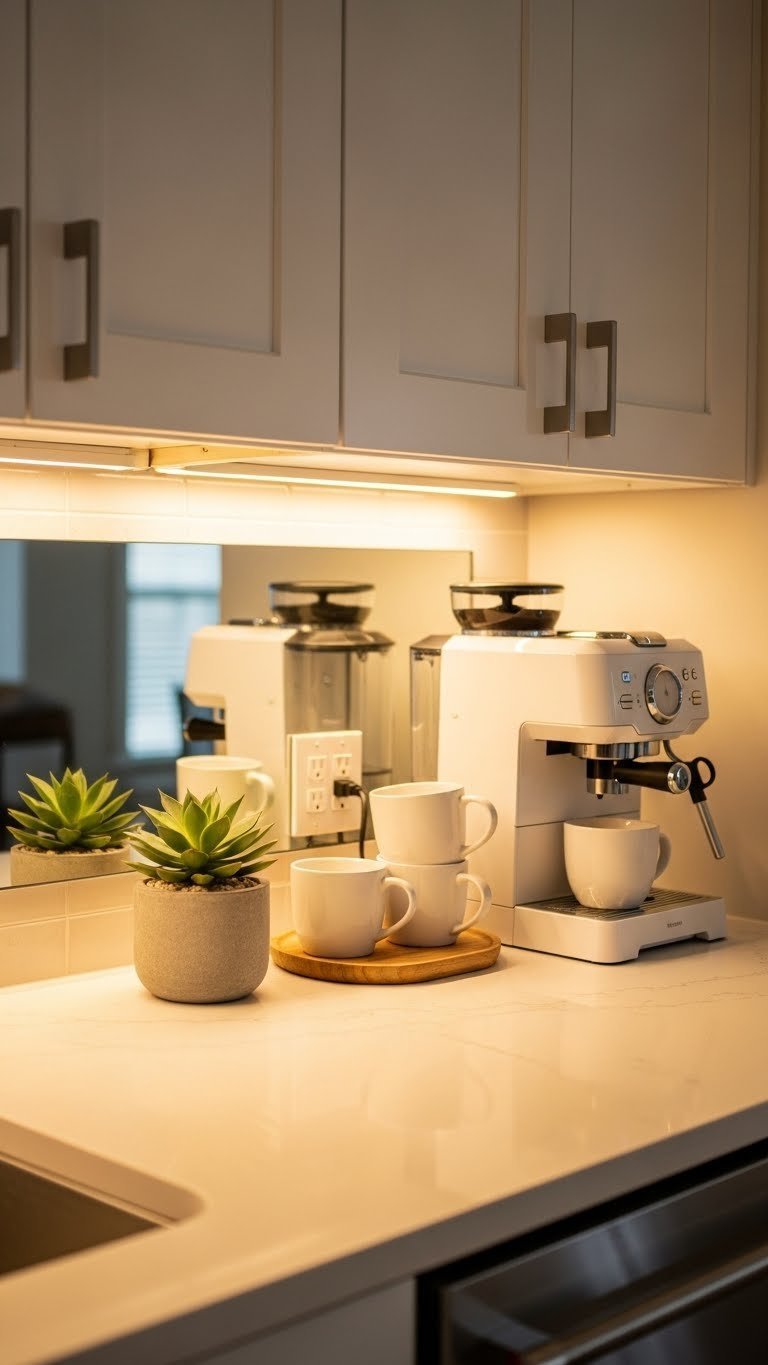 Warm under-cabinet lighting illuminating organized coffee station on quartz countertop in cozy kitchen