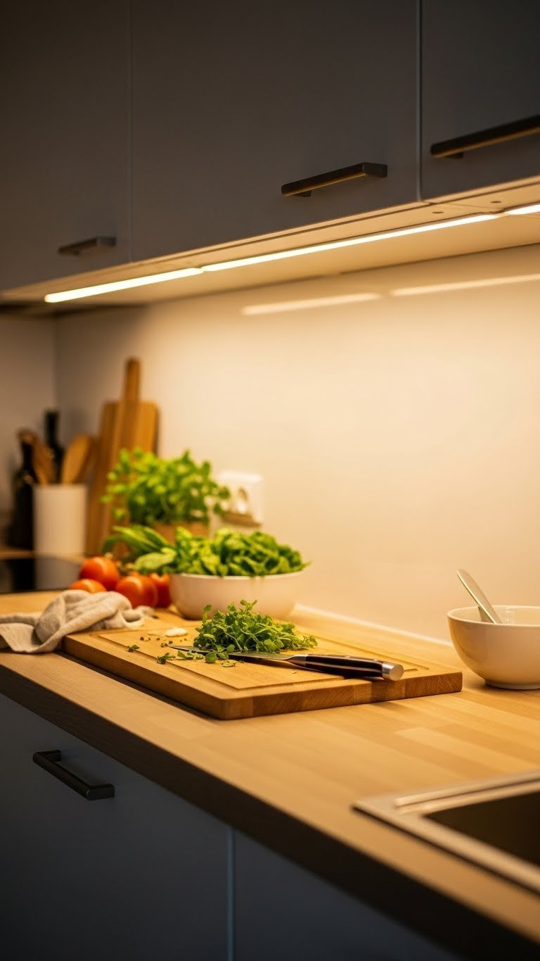 Ultimate Apartment Kitchen Led Lights: 7 Diy Renter Upgrades 1 Warm white LED strip lights under kitchen cabinet illuminating wooden cutting board with fresh herbs and chef's knife