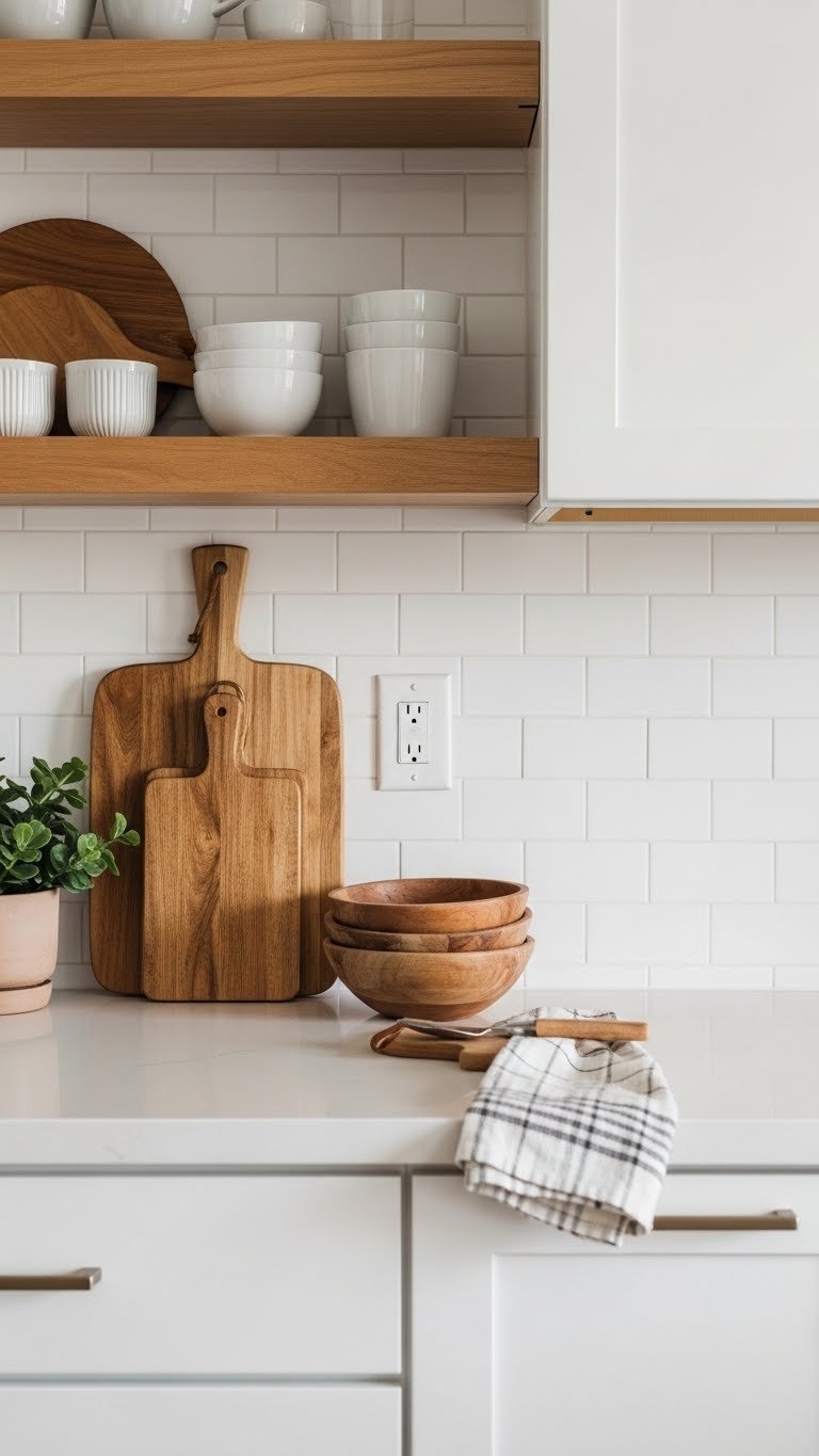 White Kitchen Cabinets: 9 Proven Apartment Ideas For Space 15 Warm wooden cutting boards and shelving against white subway tile backsplash flanked by crisp white cabinets.