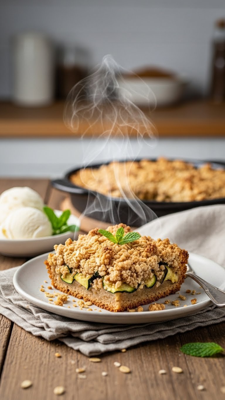 Warm zucchini crisp with streusel topping in ceramic bowl on rustic wooden table