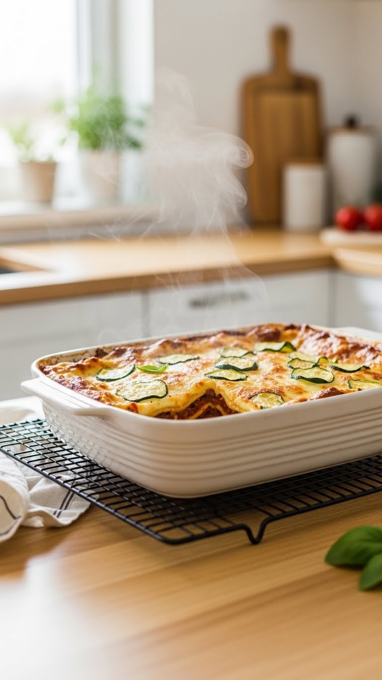 Warm zucchini lasagna resting on cooling rack with steam rising from ceramic dish