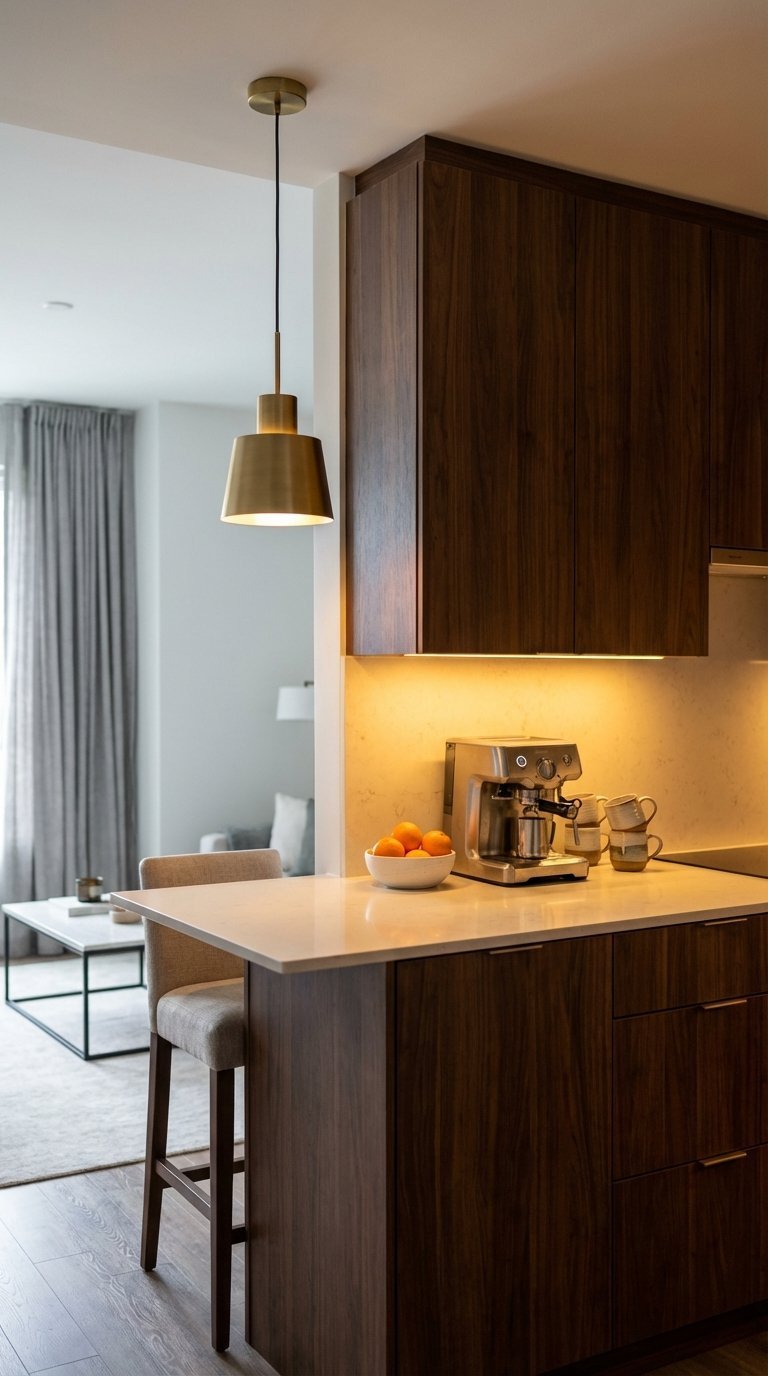 Warmly lit apartment kitchen with dark brown cabinets illuminated by under-cabinet and pendant lighting fixtures