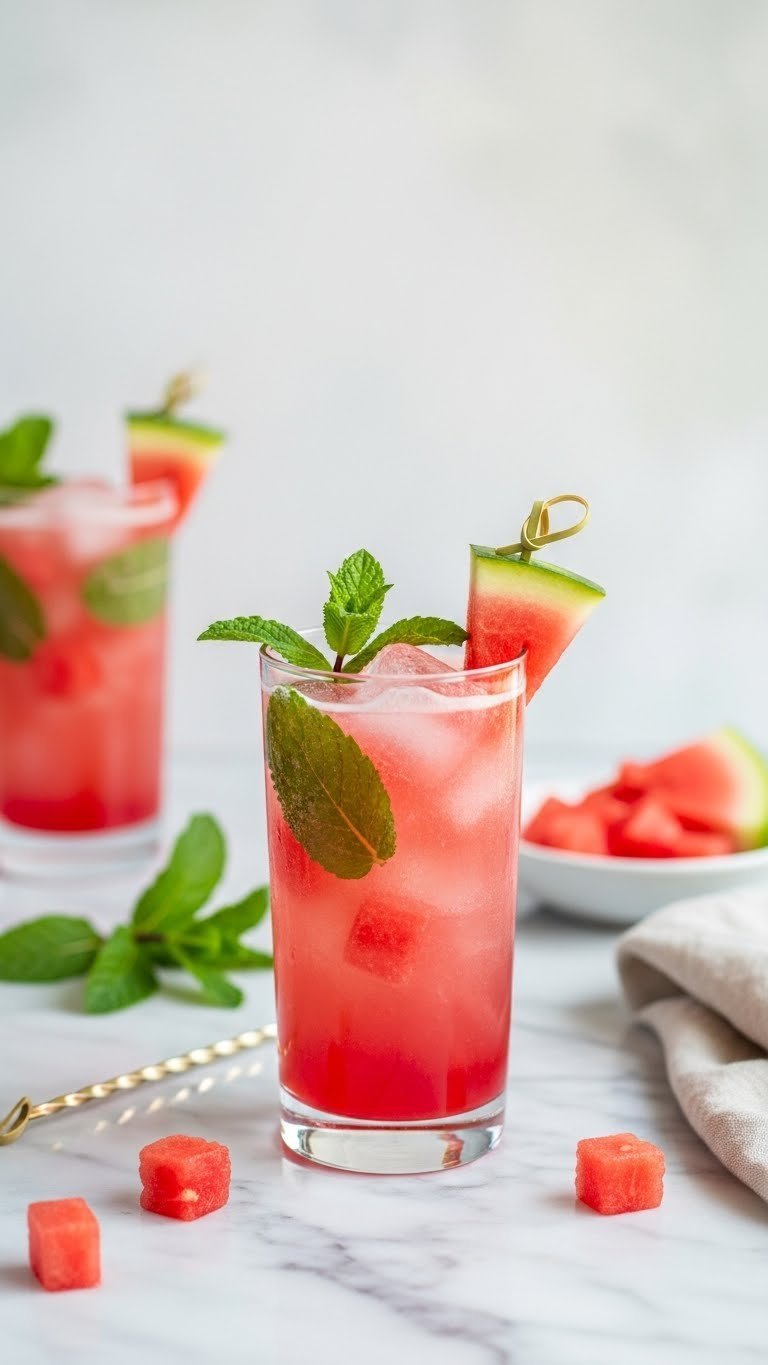 Watermelon Red Bull Spritzer mocktail in slender glass with mint garnish and watermelon slice on marble surface