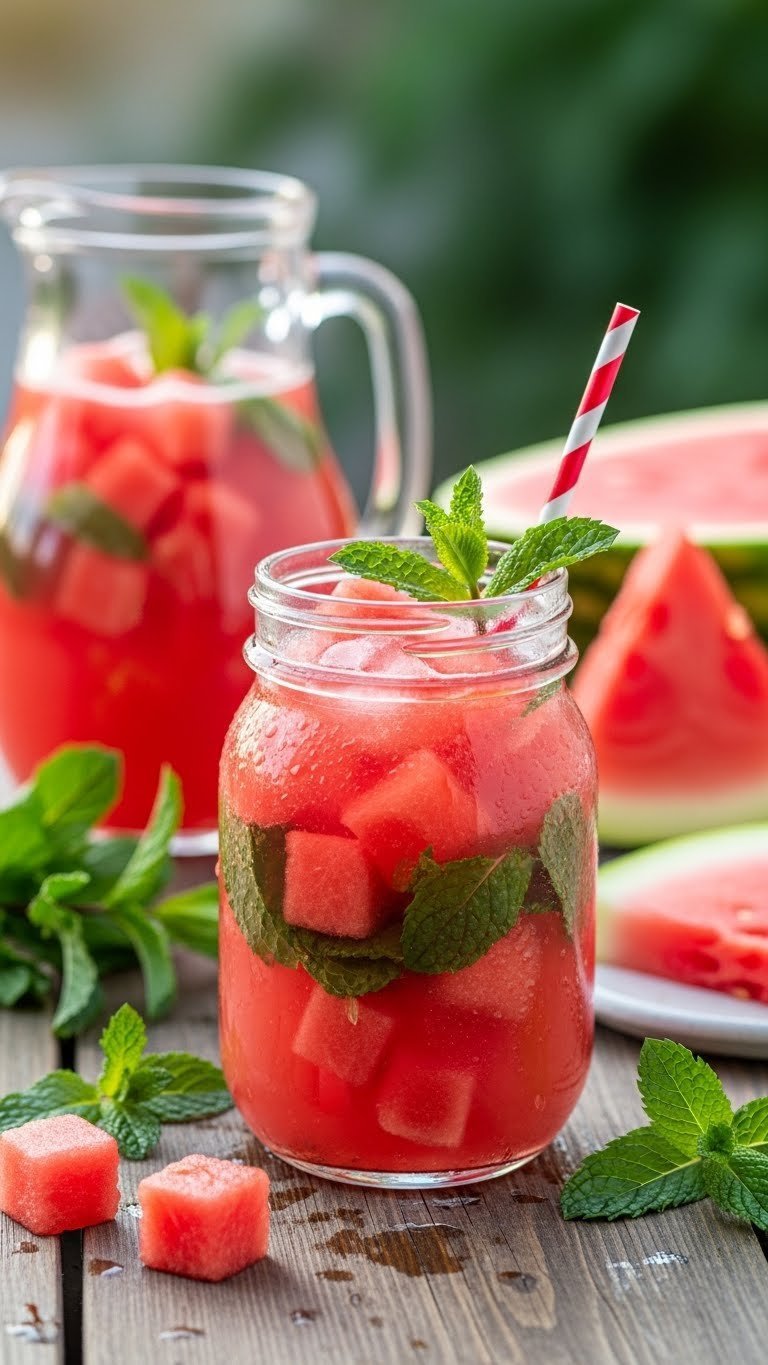 Watermelon mint cooler in rustic mason jar with condensation on wooden outdoor table