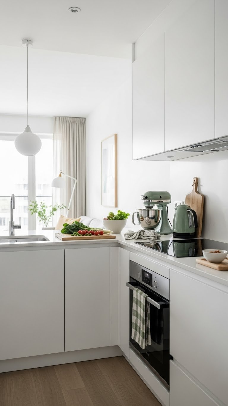 Well-defined L-shaped kitchen layout showing distinct food prep, cooking, and cleanup zones with organized appliances