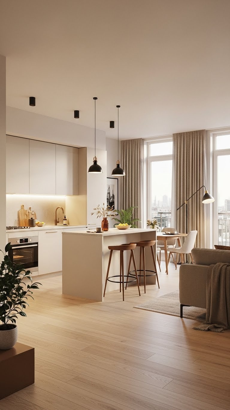 Well-lit open-concept apartment with recessed lighting, pendant lights over kitchen island, and cozy living area.