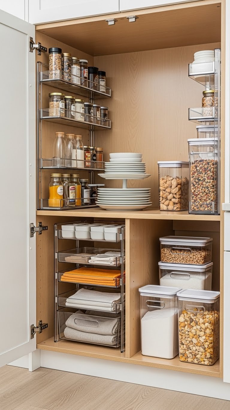 Well-organized kitchen cabinet interior with pull-out shelves and clear acrylic organizers