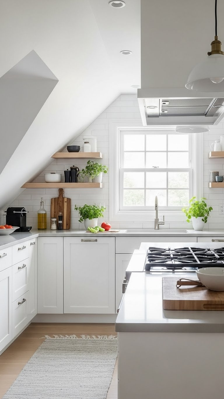 11 Genius Attic Kitchen Ideas For Slanted Ceilings 9 Well-organized kitchen triangle arranged efficiently within attic kitchen demonstrating functional flow despite angled walls