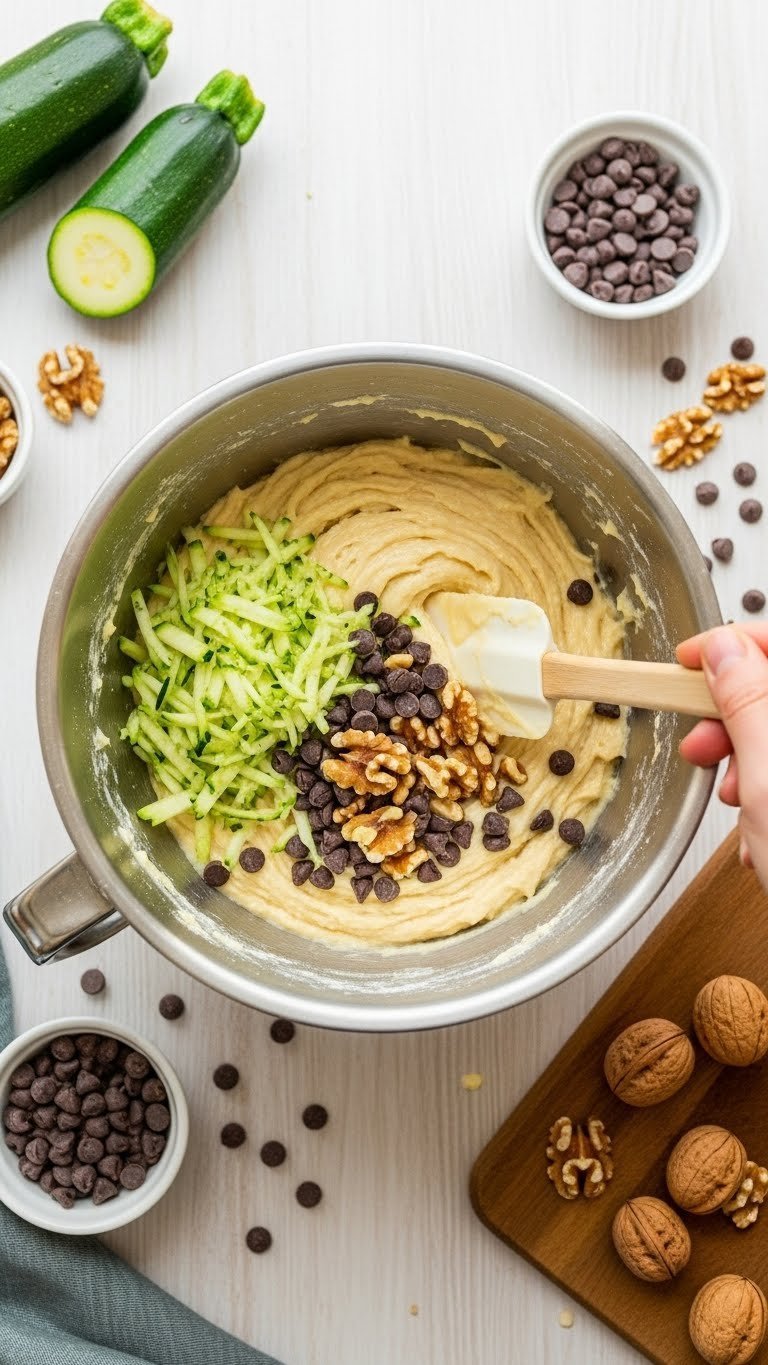 Wet and dry ingredients folded together showing zucchini, chocolate chips, and walnuts in batter