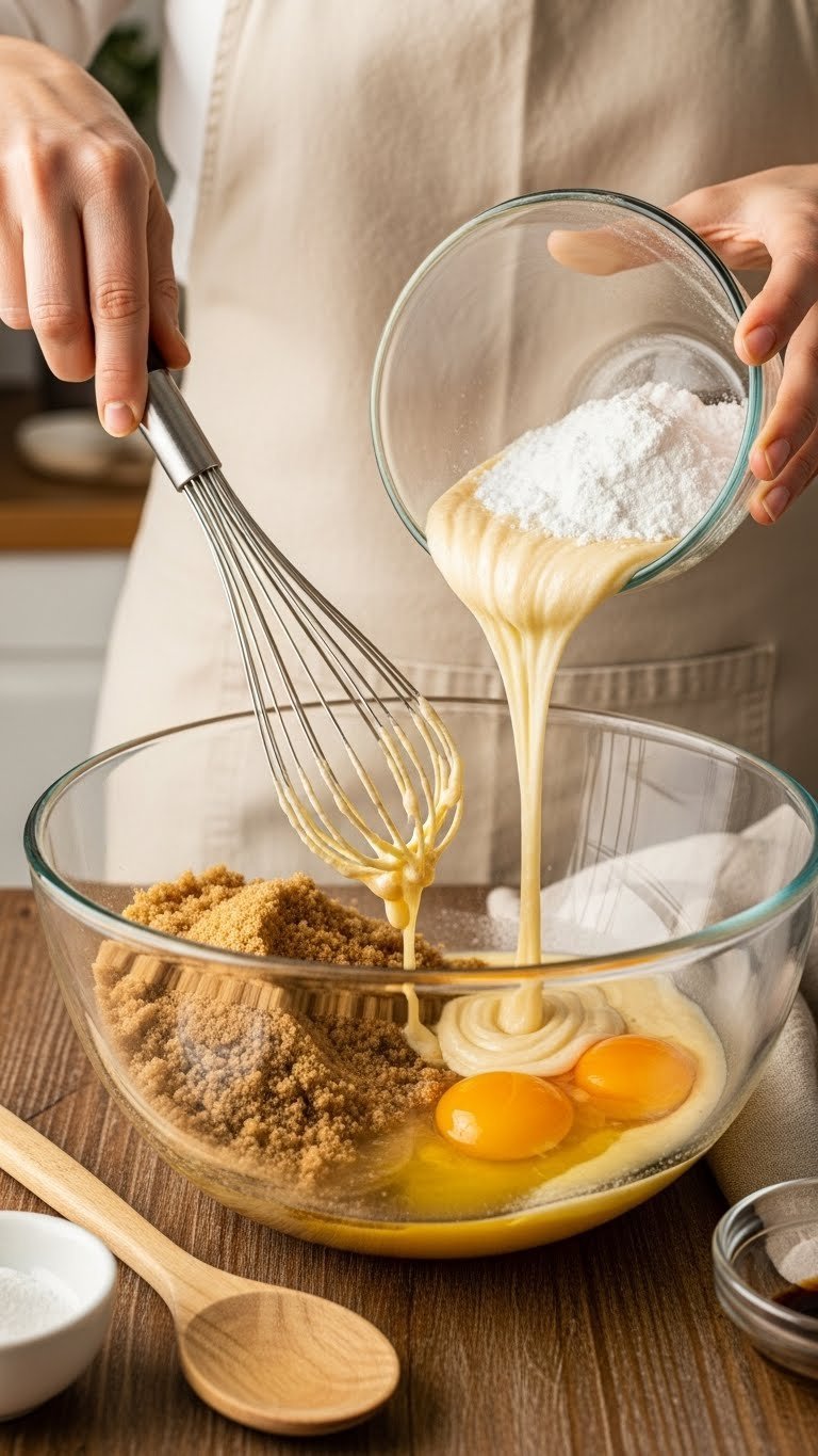 Wet baking ingredients including eggs, sugar, and oil being combined in glass bowl at 45-degree angle