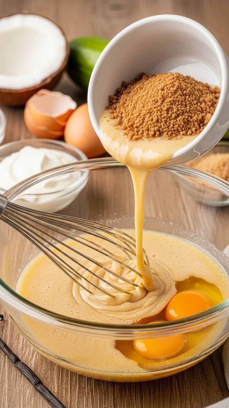 Ultimate Gluten Free Zucchini Bread: Guaranteed Moist &Amp; Easy 5 Wet ingredients including melted coconut oil and brown sugar mixed in glass bowl for zucchini bread batter