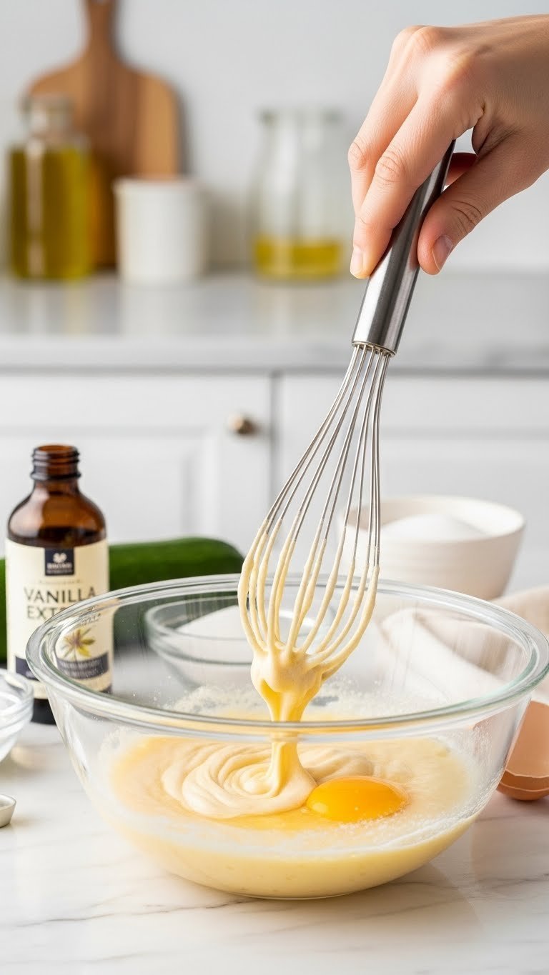 Wet ingredients including vegetable oil, sugar, eggs, and vanilla extract being whisked together in a clear glass bowl